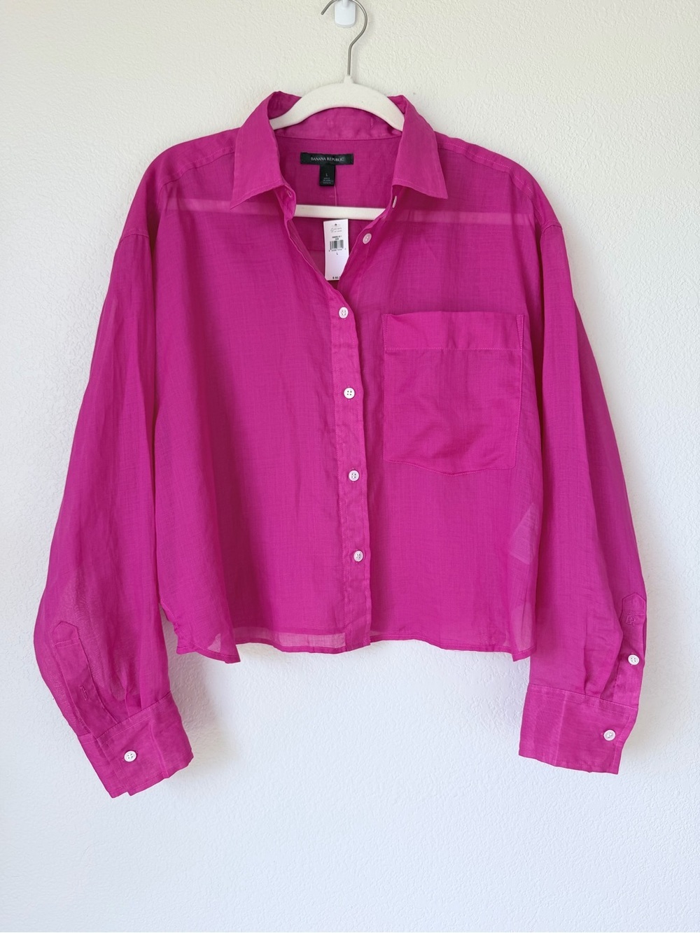 Banana Republic 100% Ramie Sheer Cropped Button Up Shirt NWT Pink L Flaw